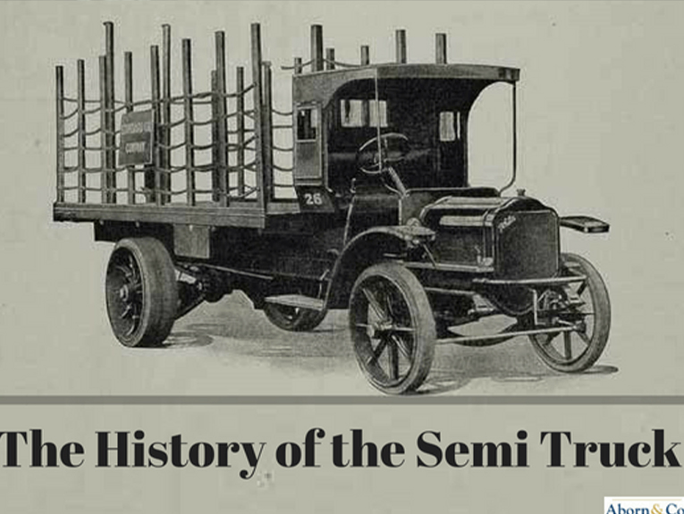 Image of first generation pickup truck in black and white, text at bottom of image reads "The History of the Semi Truck"