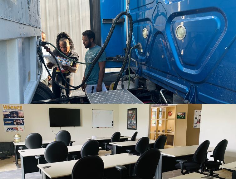 top photo is female and male student performing pre-trip inspection, bottom photo is an empty classroom