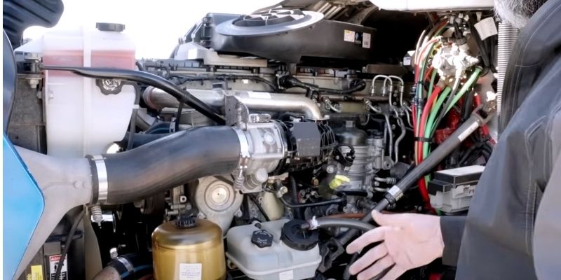 Engine compartment of semi cab