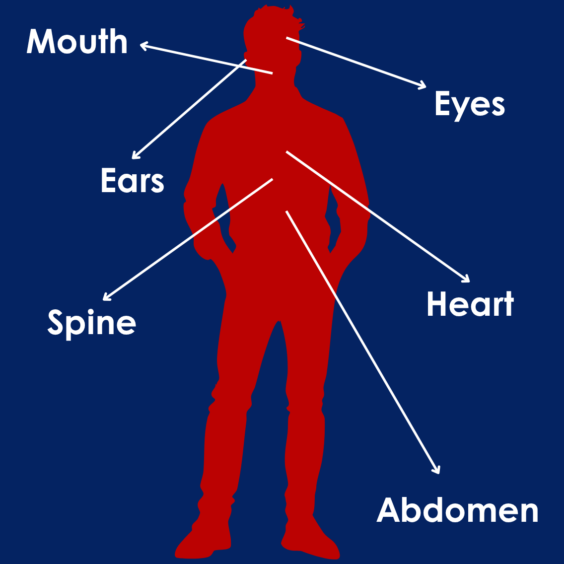Graphic of a red male silhouette with arrows pointing to various body parts