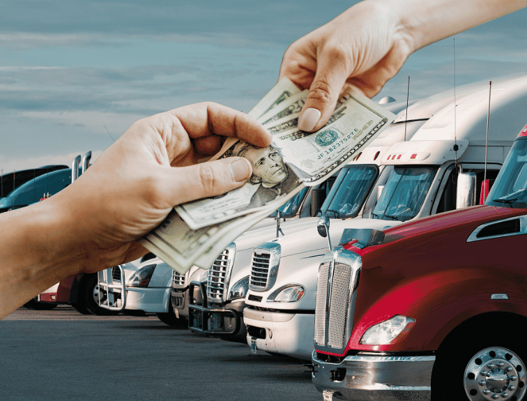 hands passing money with line of semi trucks in background