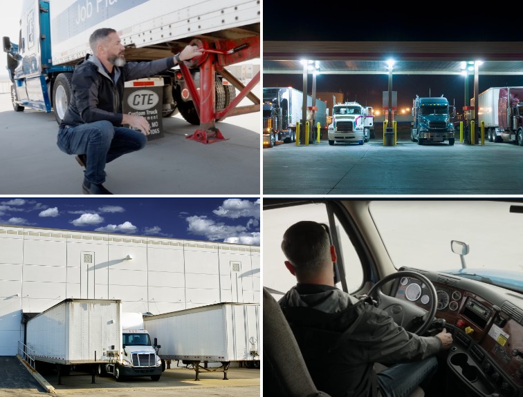 A four-image collage showing a pre-trip inspection of a trailer's landing gear, semi-trucks at a lit truck stop at night, a truck backed into a warehouse loading dock, and a driver behind the wheel of a semi-truck cab.