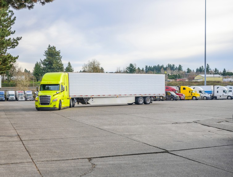 A bright green semi-truck with a white trailer parked at a truck stop, with a row of other semi-trucks and trees in the background under an overcast sky.